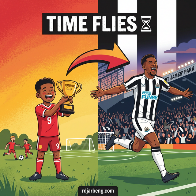 Flat illustration showing William Osula journey from Man Utd youth player to Newcastle United goal scorer
