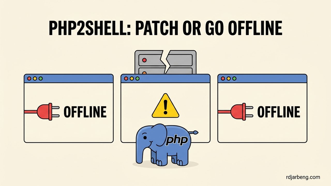 Flat illustration of the blue PHP elephant in front of three browser windows, two showing a pulled plug and the word OFFLINE and one a warning sign
