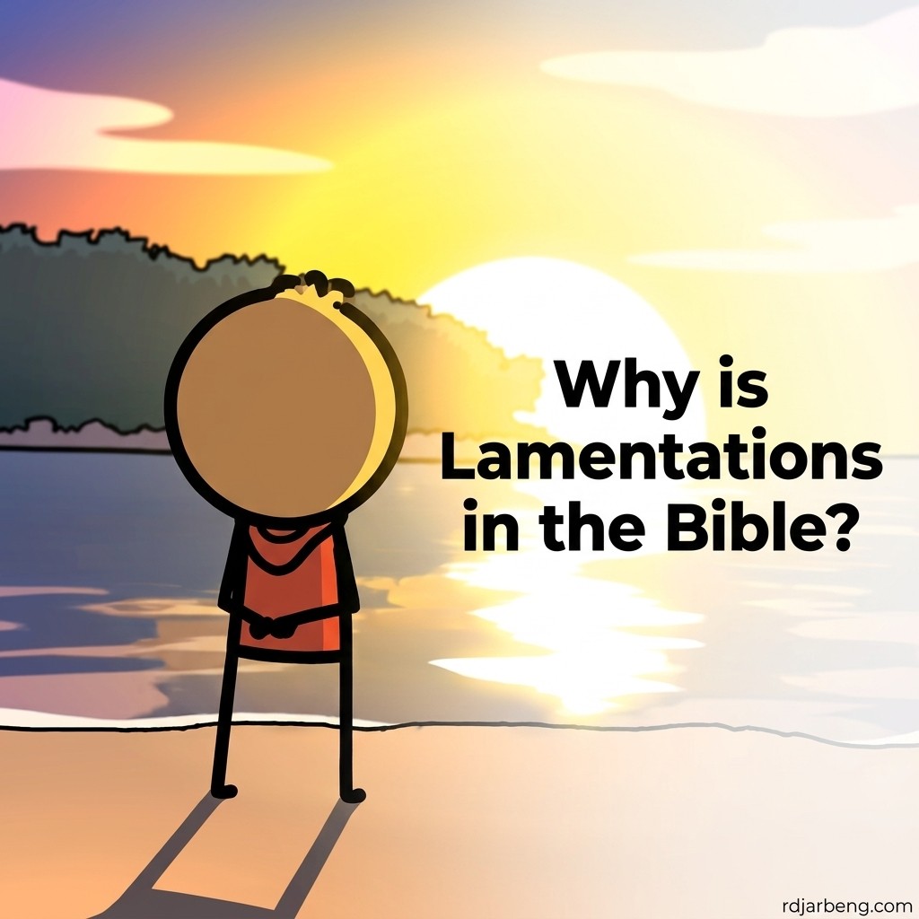 Stick figure in a red shirt staring at a sunrise over water, with the overlay text 'Why is Lamentations in the Bible?'