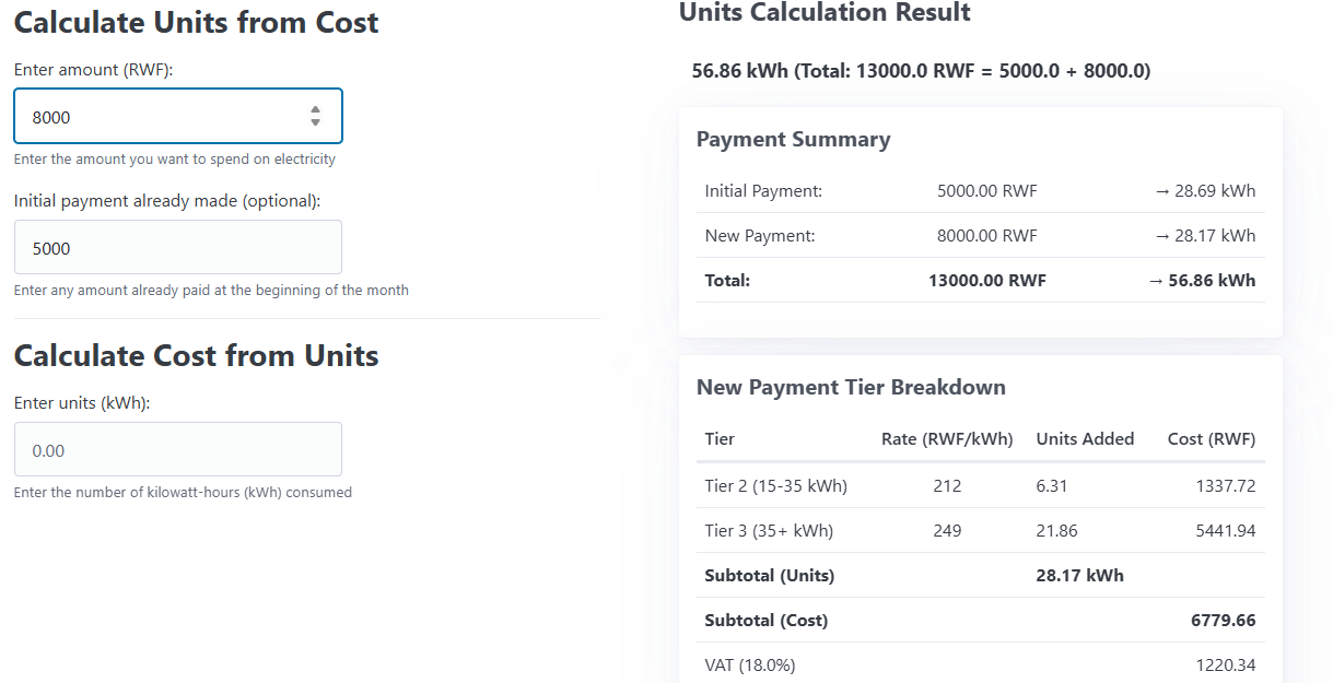 Screenshot of Rwanda energy group tariffs calculator app by Richard Djarbeng built with fastHTML Screenshot of RURA electricity tariff calculator screenshot showing household rates effective October 2025 app by Richard Djarbeng