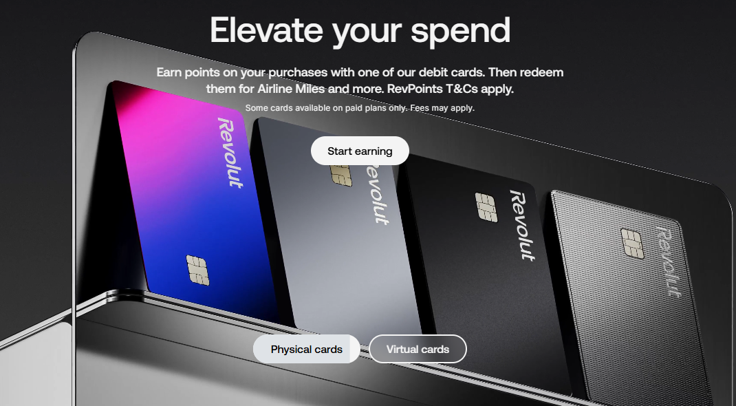 Revolut cards on display with different colors. With text showing 'choose your spend'