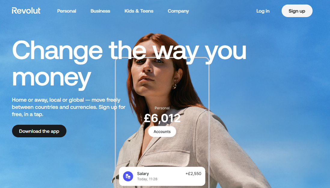 Revolut home page on October 19th 2025 featuring navigation buttons with hero text in bold font 'change the way you money'