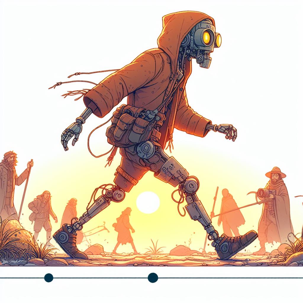 Robot walking in the sunset generated by Bing