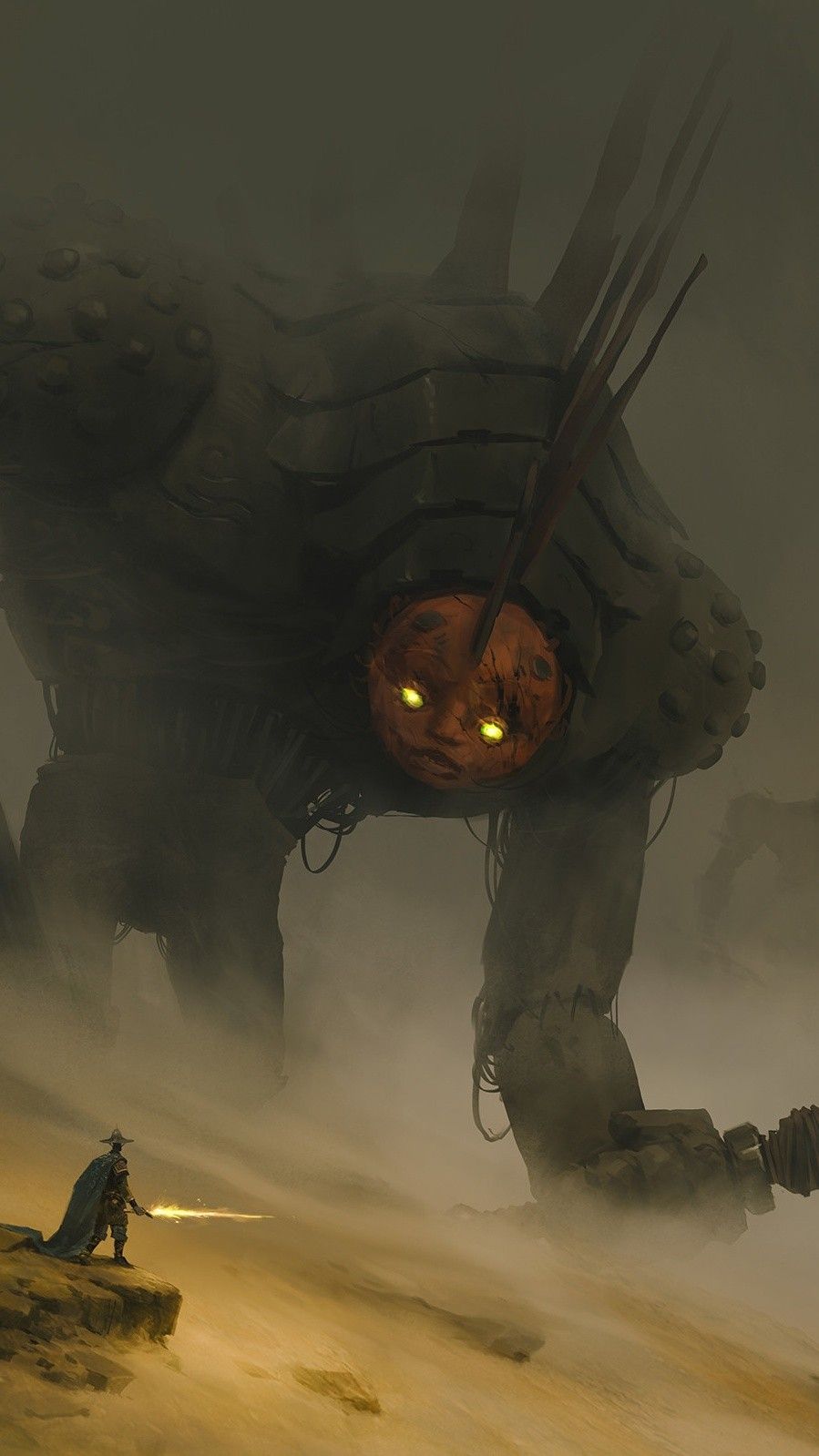 Giant scary robot image A dramatic, foggy fantasy scene depicting a tiny, cloaked figure, holding a glowing sword, confronting a colossal, scary robot with a pumpkin head and face and glowing yellow eyes.