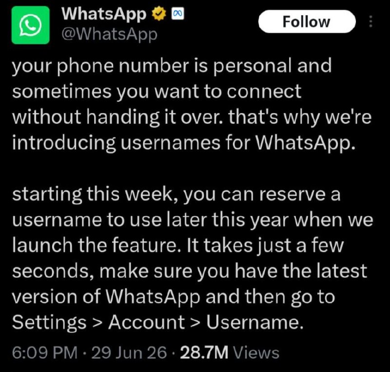 Whatsapp announces Usernames for Users-29th June, 2026
