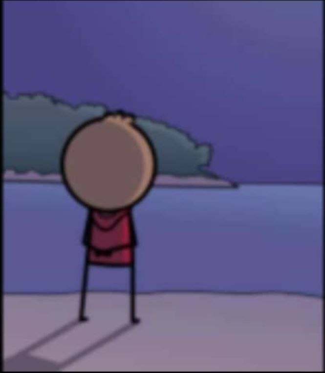 stick figure drawing of a person in a red shirt with thick black marker outlines stares into the horizon with no light