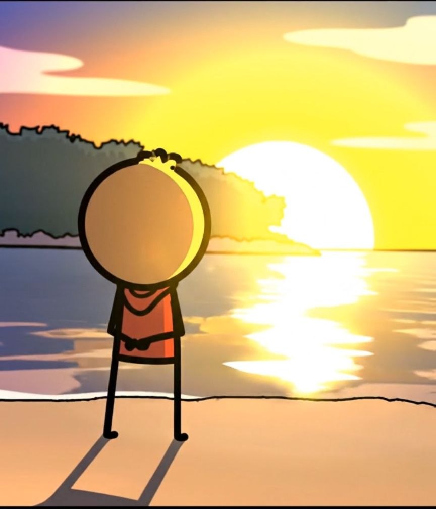 stick figure drawing of a person in a red shirt with thick black marker outlines stares into the horizon with the sunrise illuminating the water and casting a shadow