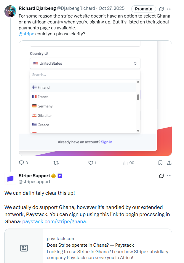 Screenshot of stripe replying to Richard on Twitter about their support for Countries in Africa such as Ghana