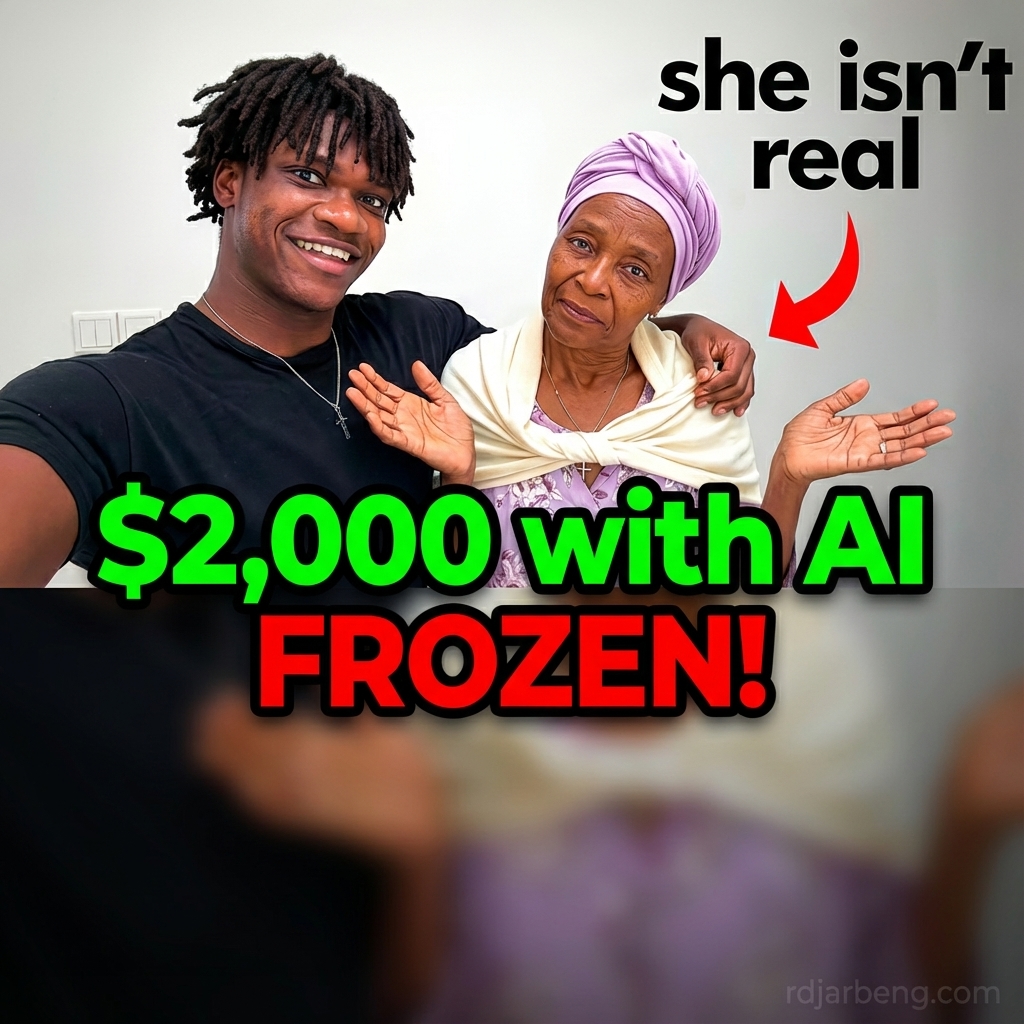 A dramatic YouTube-style thumbnail with the text '$2,000 with AI' in bright green and 'FROZEN!' in red, overlaid on a background showing a person in a black shirt with an ai generated old woman.