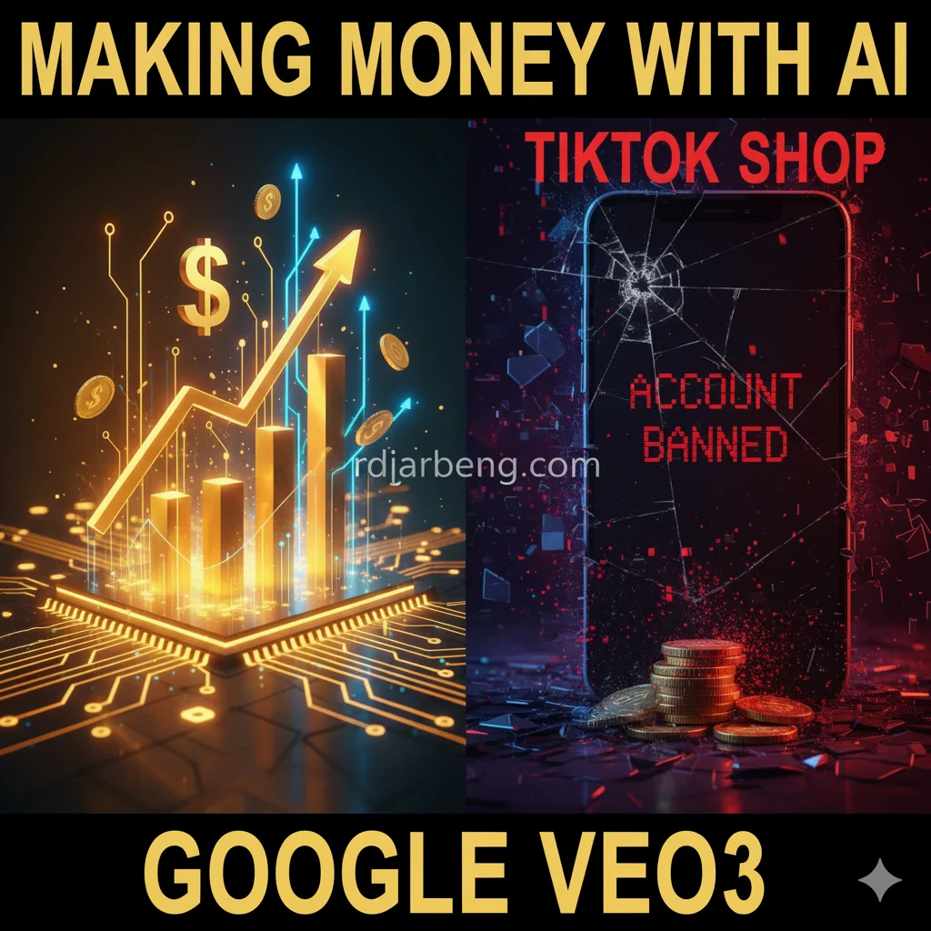 A split-screen image contrasting profit and risk. On the left, a glowing gold bar chart trends upward on a circuit board. On the right, a smartphone with a cracked screen displays 'ACCOUNT BANNED' in red text, with coins scattered at its base.