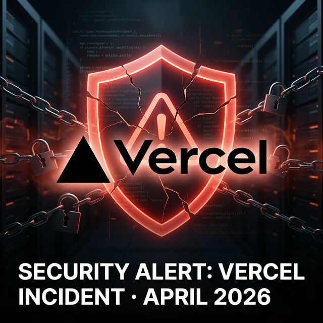 A dramatic dark-themed cover image showing a cracked security shield with the Vercel logo surrounded by digital chains and broken padlocks, representing the April 2026 supply-chain security incident. Text reads: SECURITY ALERT: VERCEL INCIDENT · APRIL 2026