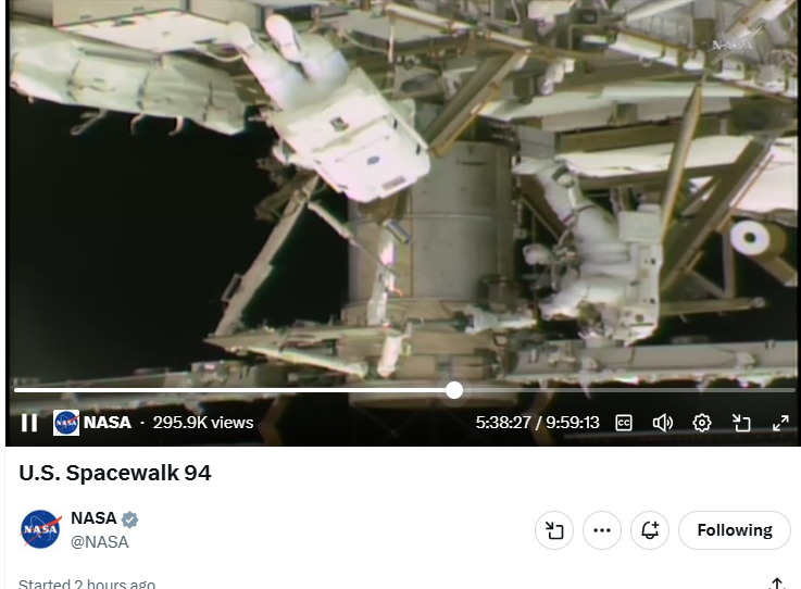 Screenshot of twitter livestream showing NASA Astronauts outside the space station To Go For SpaceWalk Recorded From Twitter Livestream (March 18th)