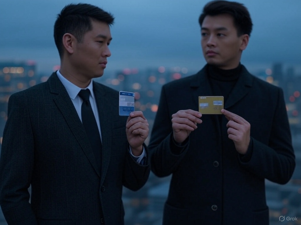 Image shows two men with visa and MasterCard cards between them