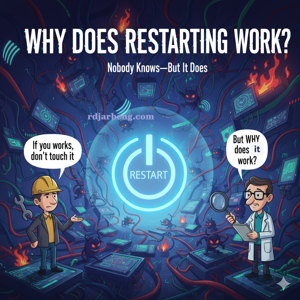 A scene in a lab with a giant glowing power button with small gremlins scientist goes but why does it work, however engineer says, If it works, don't touch it